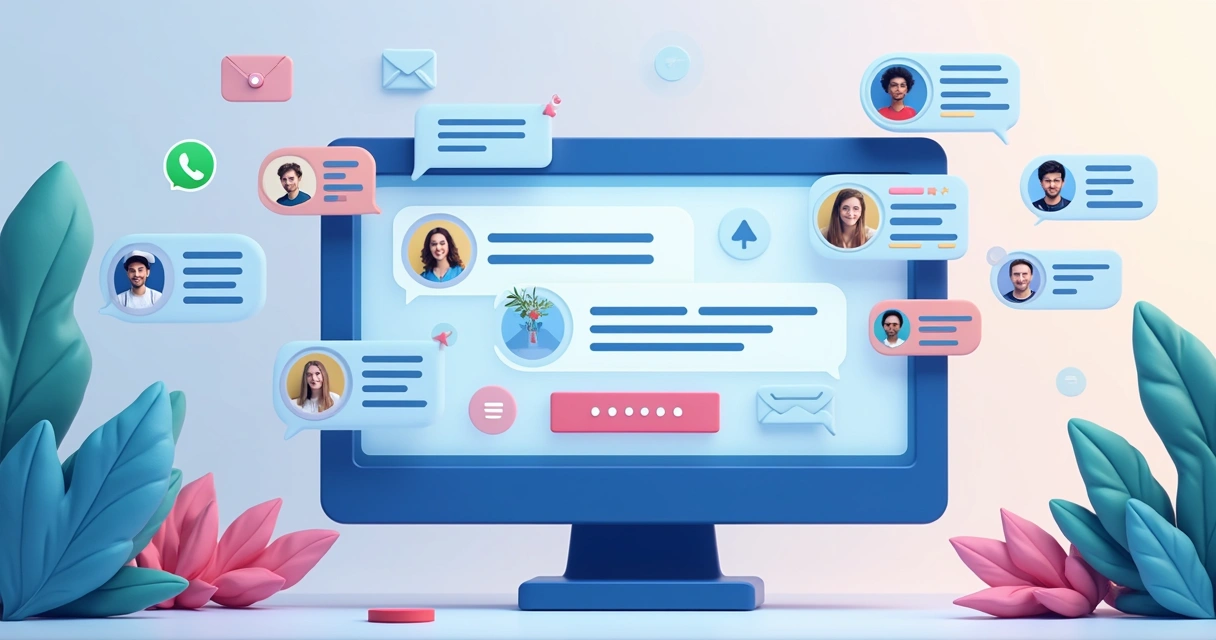 Chatbot em tela enviando mensagens por WhatsApp, SMS e e-mail simultaneamente 