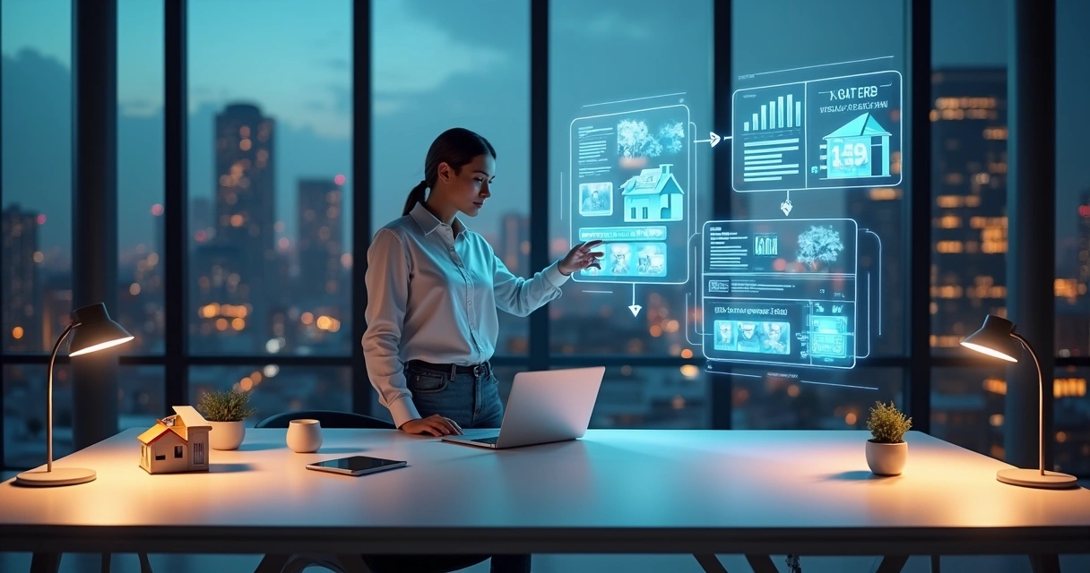Corretor imóvel interage com múltiplas interfaces de IA em um ambiente moderno 