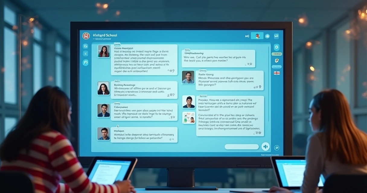 Painel digital com mensagens em diferentes idiomas para atendimento escolar