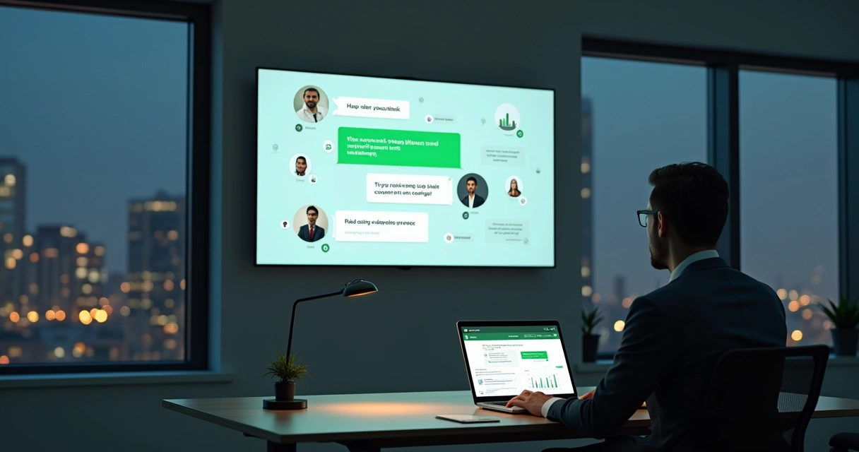 Executivo analisa painel digital com chatbot de WhatsApp automatizando conversas de clientes 