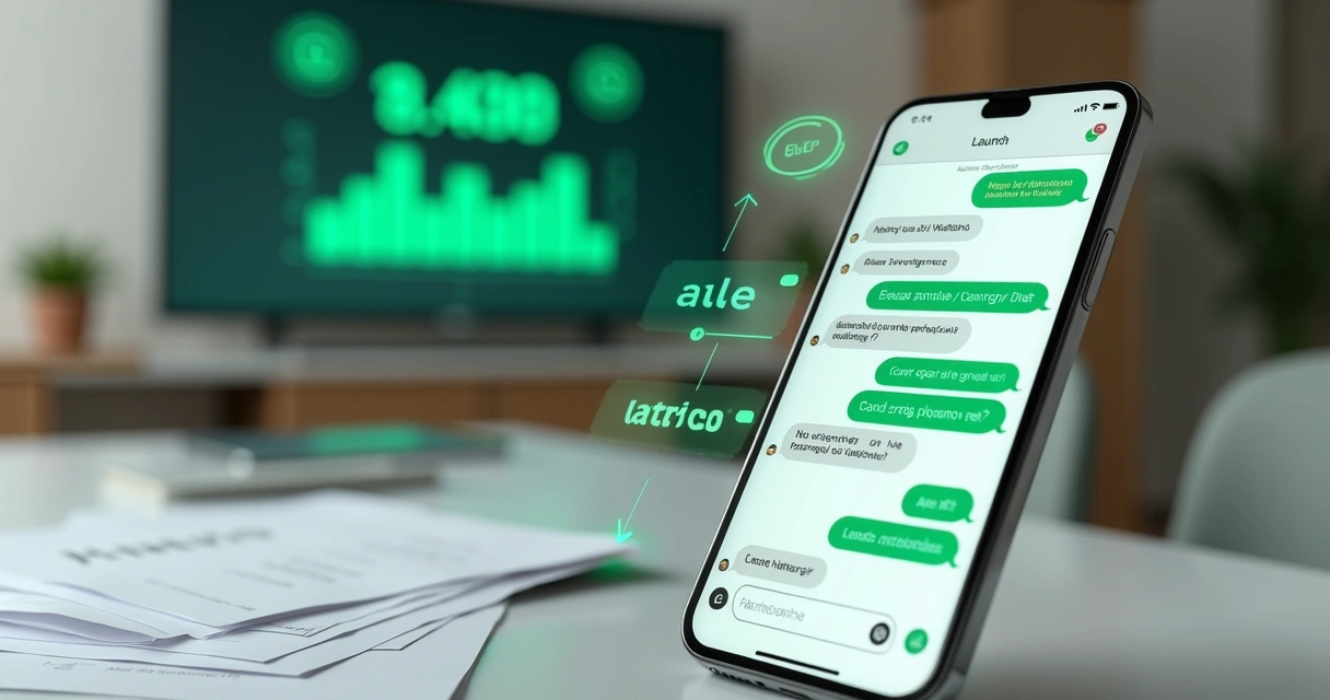 Smartphone exibindo conversa de chatbot com NLP no WhatsApp em cenário de lançamento digital 
