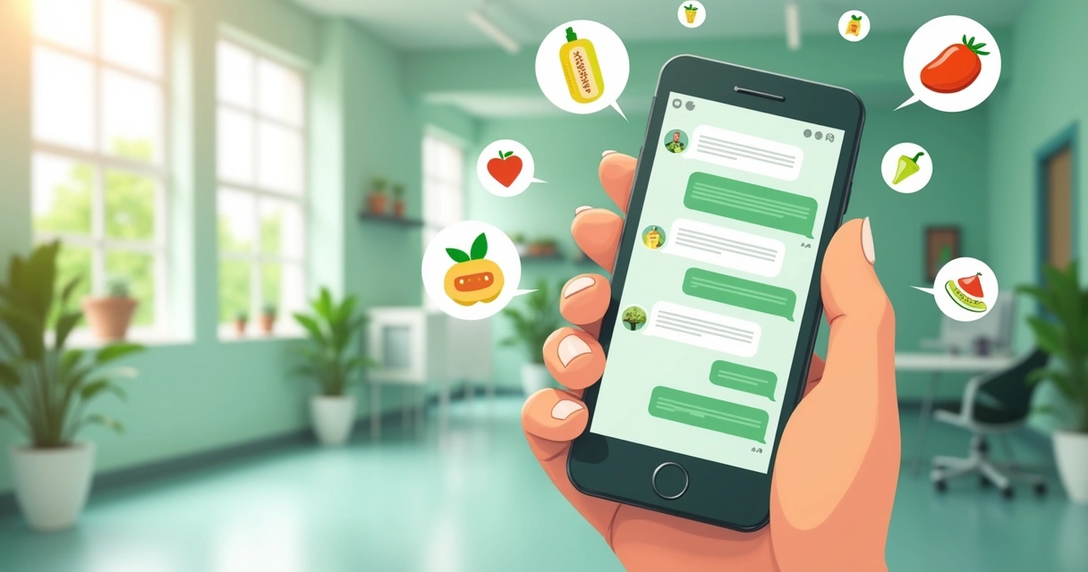 Chatbot de nutrição conversando com paciente online, interface simples. 