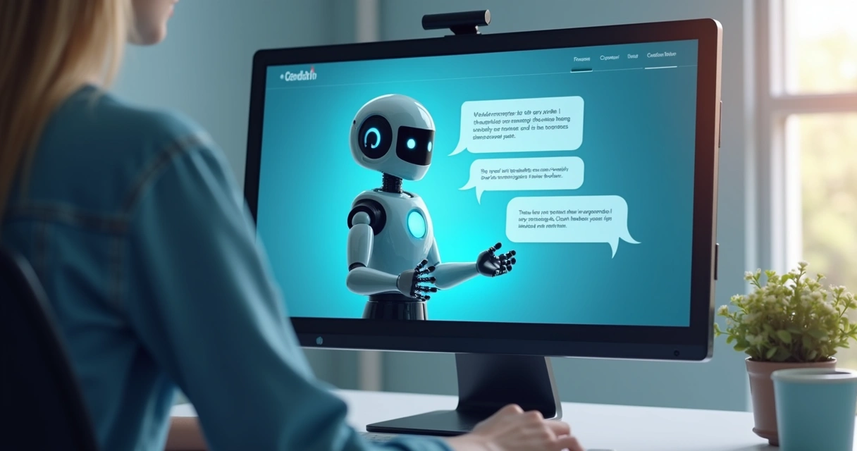 Chatbot digital conversando com visitante em tela de computador 