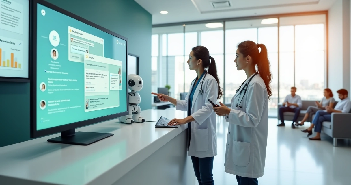 Equipe de clínica usando chatbot em tela grande para atender pacientes em múltiplos canais 