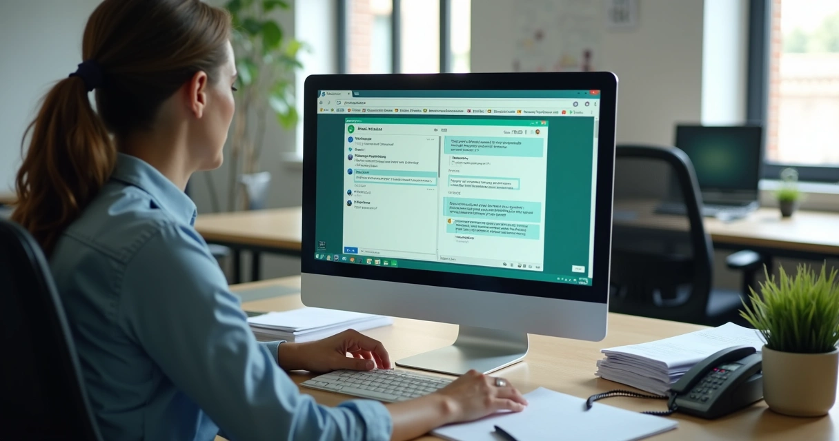 Servidor público interagindo em computador com chatbot de prefeitura via WhatsApp 