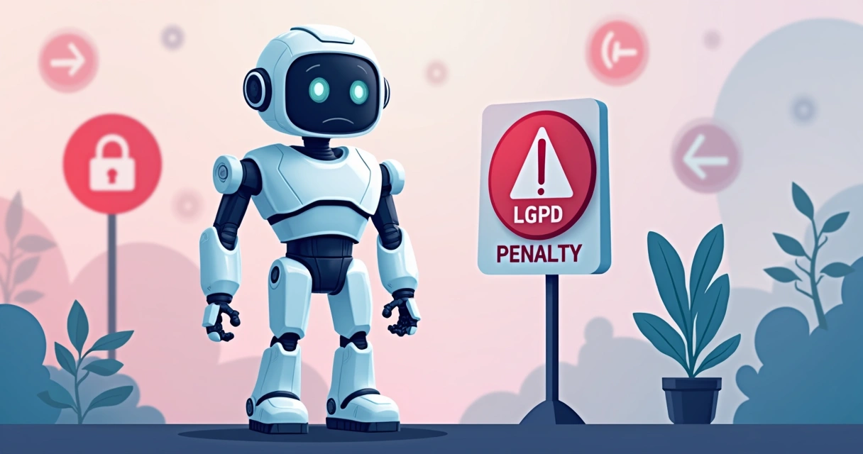 Robô de chatbot preocupado ao lado de placa de multa da LGPD 