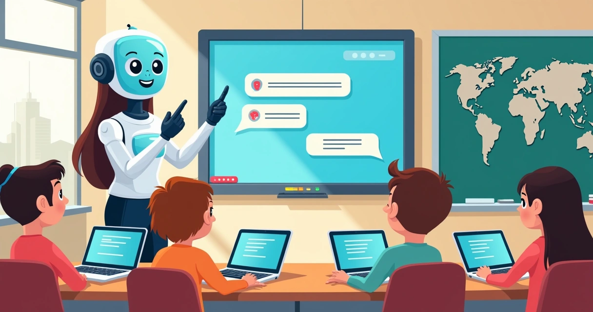 Chatbot ajudando professor em painel digital na sala de aula 