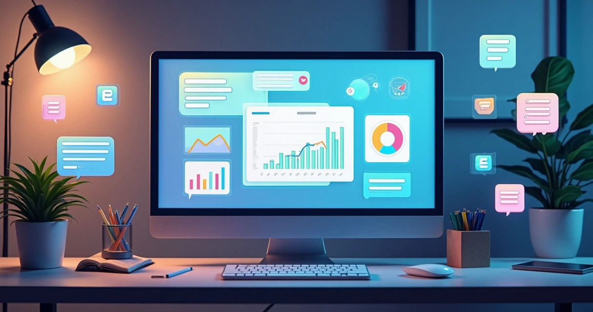 Chatbot interagindo em tela de computador, analisando dados e gráficos, com ícones de leads e funil de vendas ao redor 