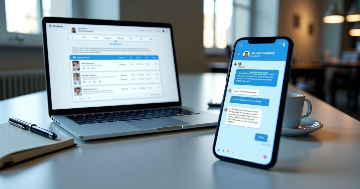 Painel de chatbot qualificando leads B2B em notebook e celular 