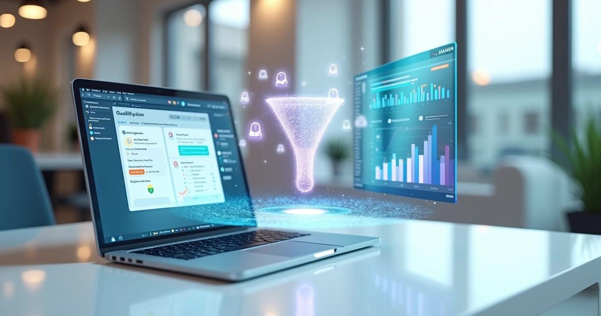 Interface de chatbot qualificando lead B2B com dados conectados a painel de CRM 