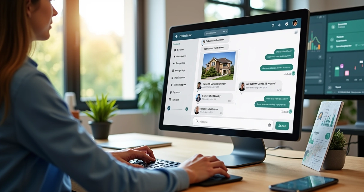 Pessoa usando computador com interface de chatbot imobiliário na tela 