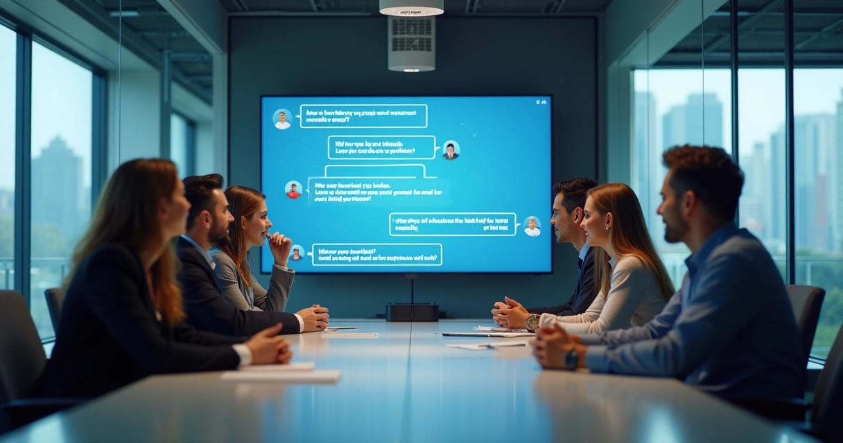 Chatbot interage com equipe de vendas em escritório moderno 