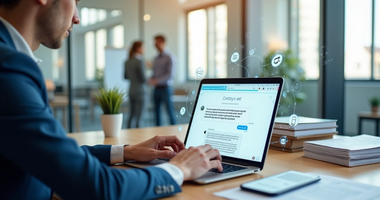 Corretor imobiliário usando chatbot em laptop para renovação de contratos 