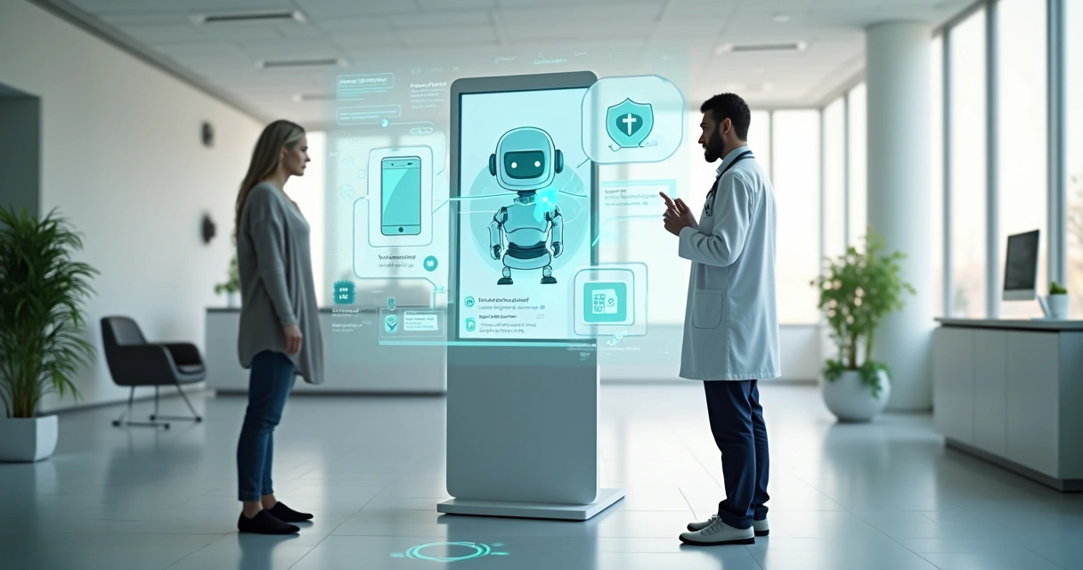 Médico ao lado de totem digital com chatbot de saúde em clínica moderna 