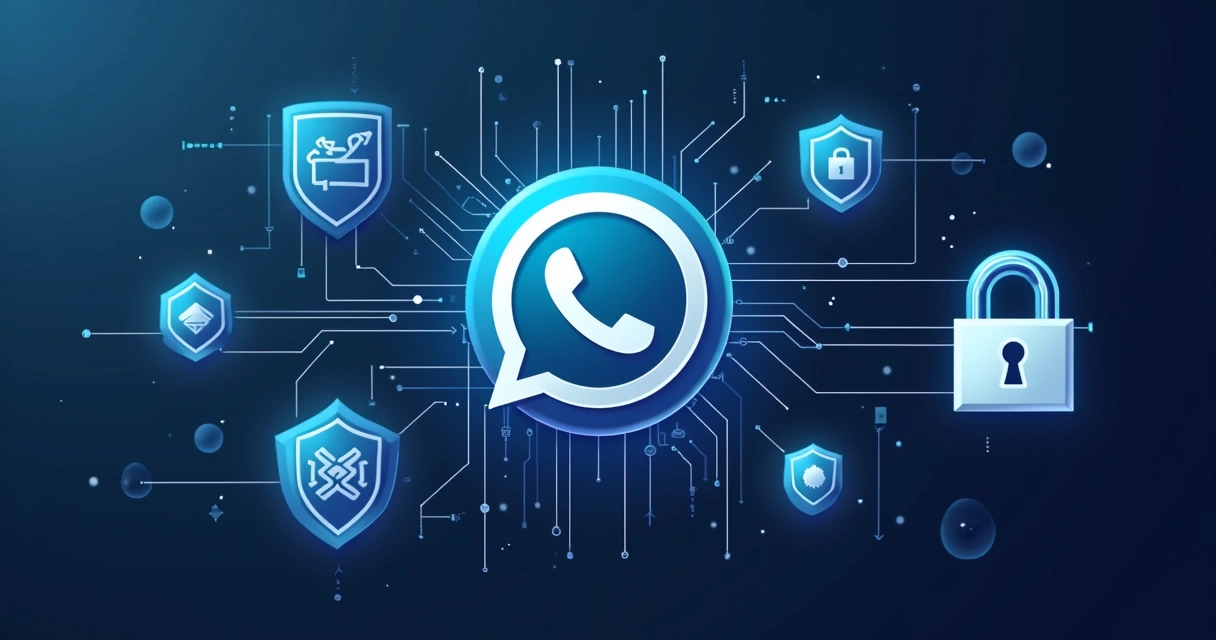 Chatbot de WhatsApp protegendo dados com cadeado digital e ícones de privacidade, cenário azul escuro.