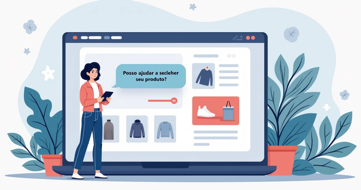 Chatbot em janela de chat de site, sugerindo ajuda em compras. 