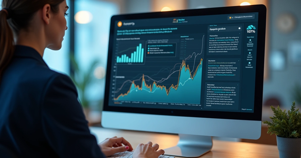 Chatbot sugerindo produtos na tela de um computador, com gráficos de vendas ao fundo