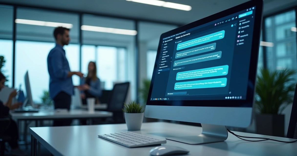 Interface de chatbot moderna em tela de computador, com mensagens de atendimento sendo trocadas 