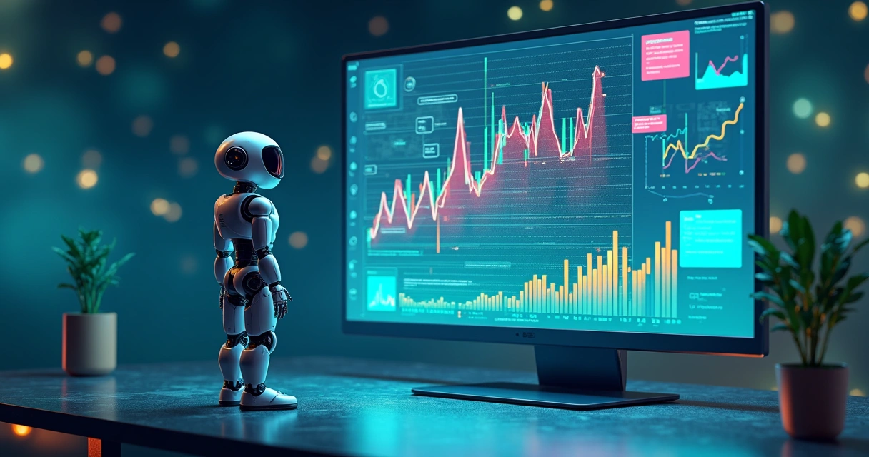 Representação de um chatbot sendo treinado com gráficos e dados em uma tela 