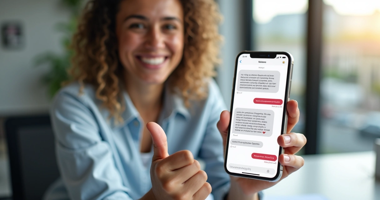 Usuário satisfeito aprovando atendimento com chatbot no celular 
