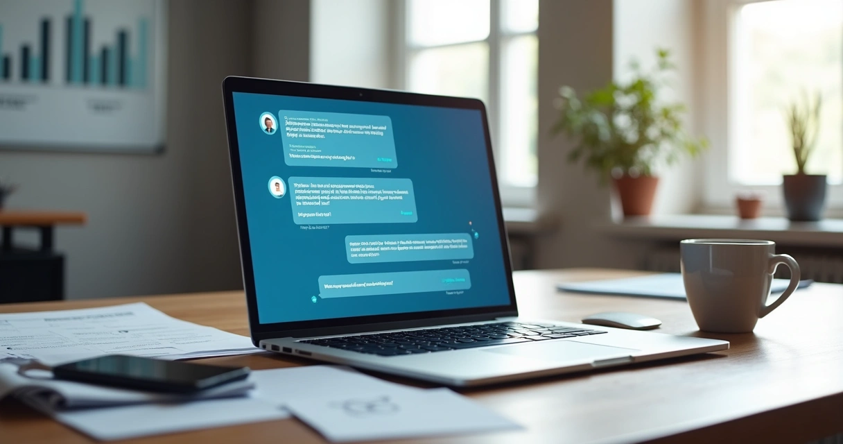 Laptop mostrando interface de chatbot com mensagens automatizadas de vendas na tela 