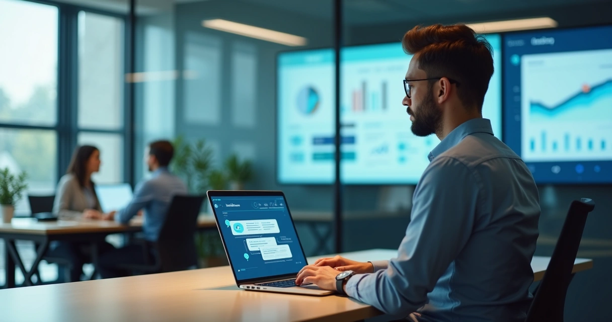 Profissional de vendas B2B usando notebook com chatbot em tela em escritório moderno 