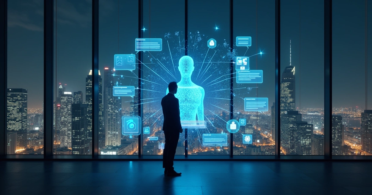 Executivo analisa holograma de chatbot conectando empresas em negociação B2B 