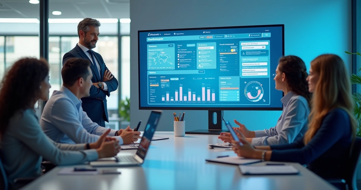 Gestor analisando chatbot com equipe de vendas B2B na tela do computador 