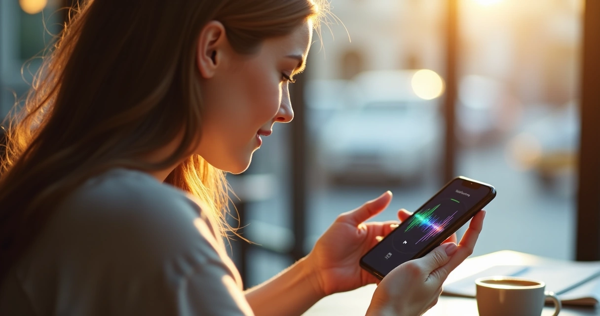 Pessoa usando chatbot de voz no smartphone em ambiente de café 