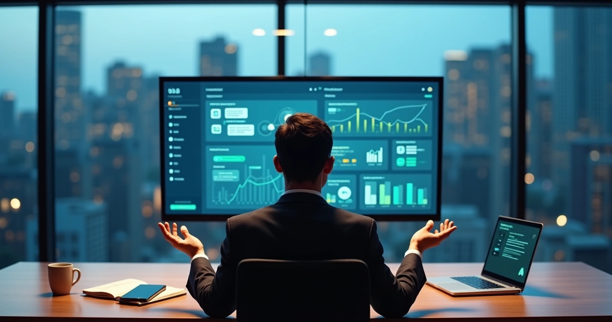 Executivo compara chatbot e assistente virtual em painel com gráficos de desempenho 