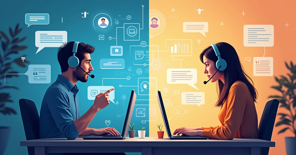Ilustração de um chatbot digital conversando com um atendente humano na frente de computadores diferentes 