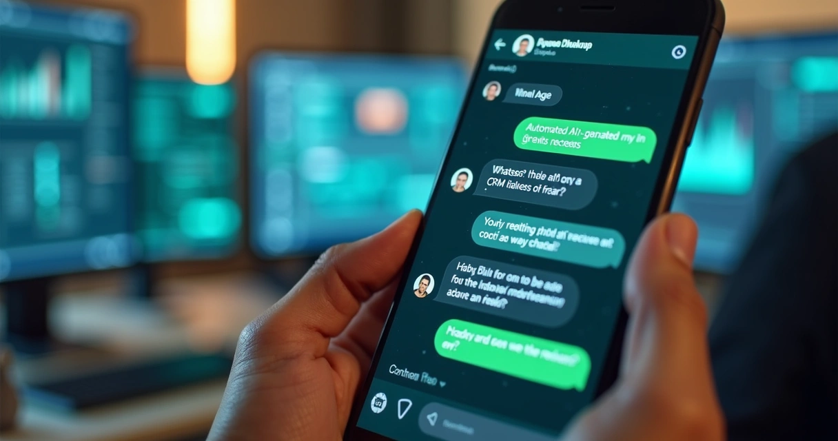 Smartphone mostrando conversa automatizada com chatbot no WhatsApp, interface moderna e funcional 