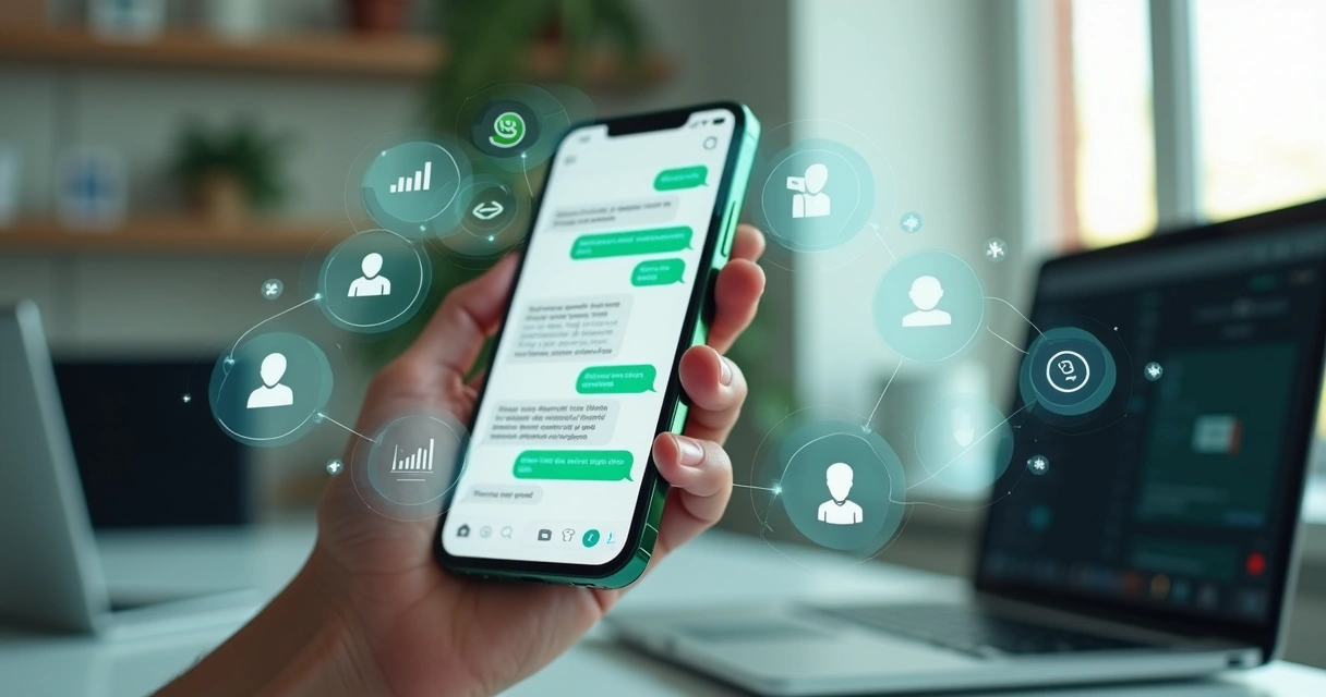 Tela de smartphone mostrando conversa com chatbot no WhatsApp, ícones de mensagens e contatos organizados ao redor 