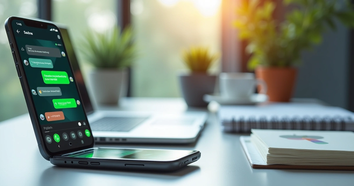 Smartphone mostrando conversa automatizada com chatbot no WhatsApp em ambiente corporativo moderno 