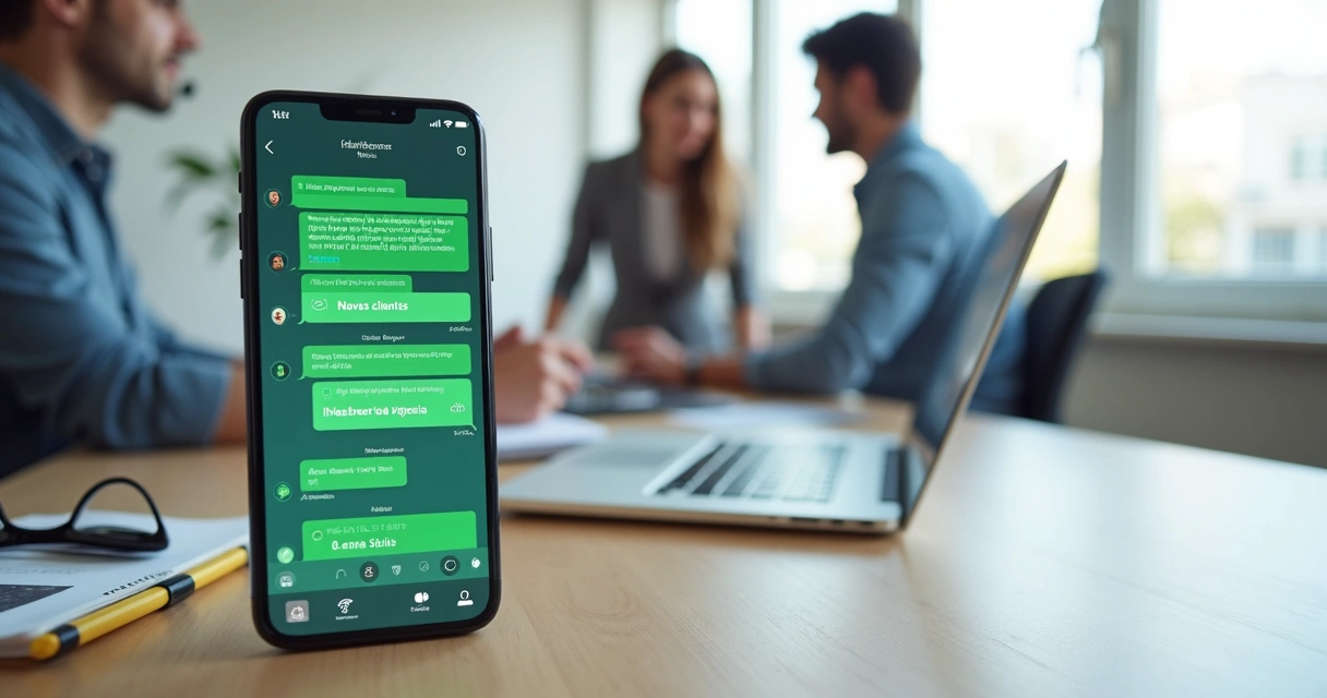 Tela de celular com chatbot de WhatsApp atendendo cliente em ambiente de escritório moderno 