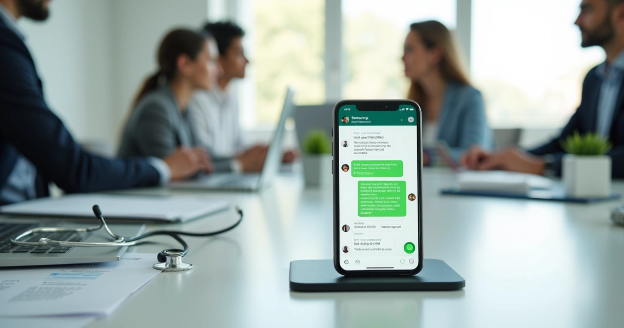 Tela de celular com chatbot no WhatsApp atendendo cliente em ambiente de escritório moderno 