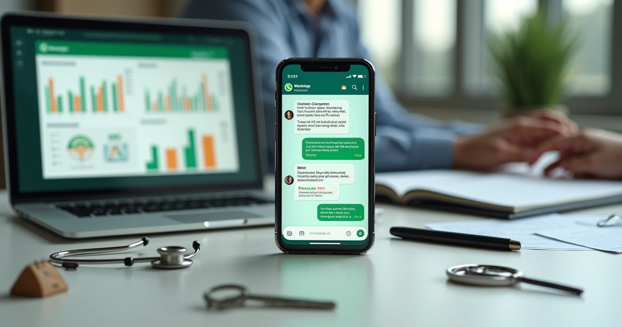 Tela de smartphone com chatbot no WhatsApp atendendo cliente em ambiente de trabalho 
