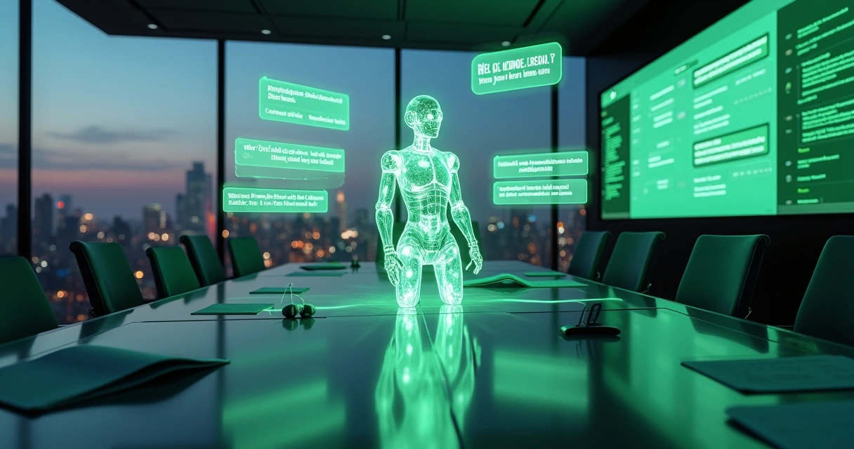 Robô de chatbot conectado a várias conversas de WhatsApp em ambiente corporativo moderno 