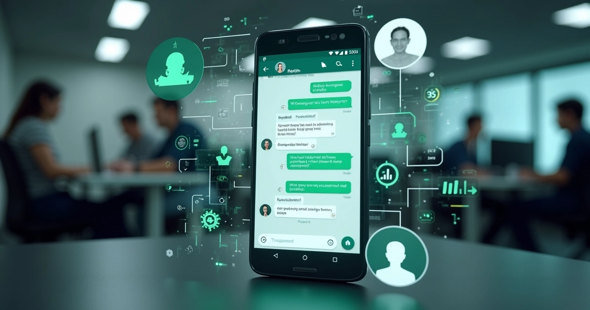Interface de chatbot no WhatsApp exibida em tela de smartphone com gráficos de performance e ícones de atendimento automatizado ao redor 