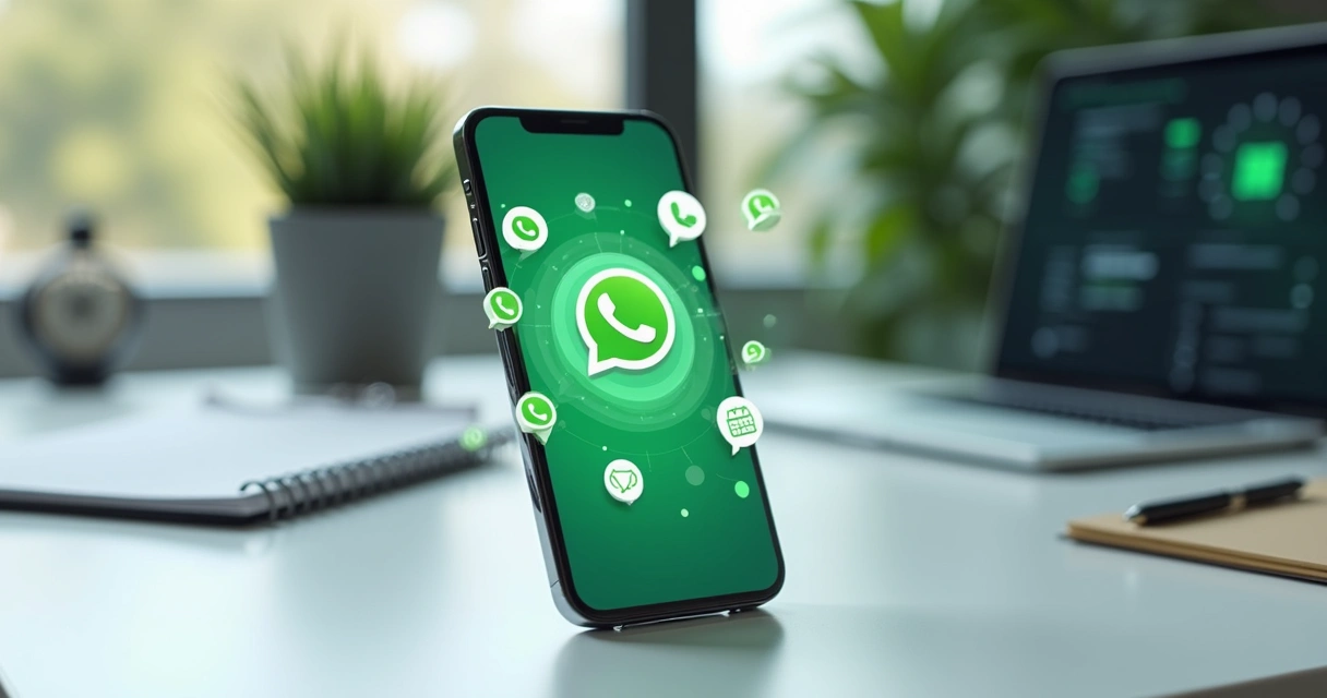 Tela de smartphone exibindo interface de chatbot para automação de mensagens no WhatsApp com elementos gráficos de mensagens automáticas e ícones de atendimento digital 