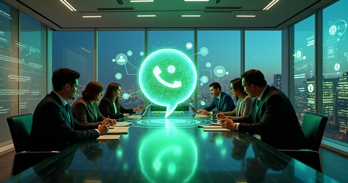 Gestores empresariais observando projeção 3D de chatbot conectado ao WhatsApp em mesa de reunião 