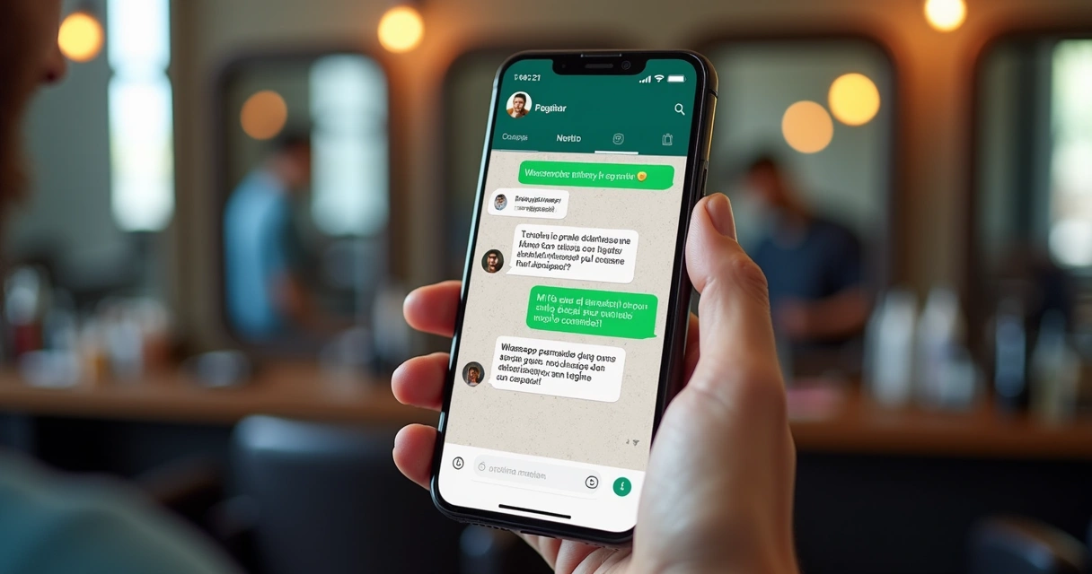 Smartphone mostrando conversa de chatbot de barbearia 