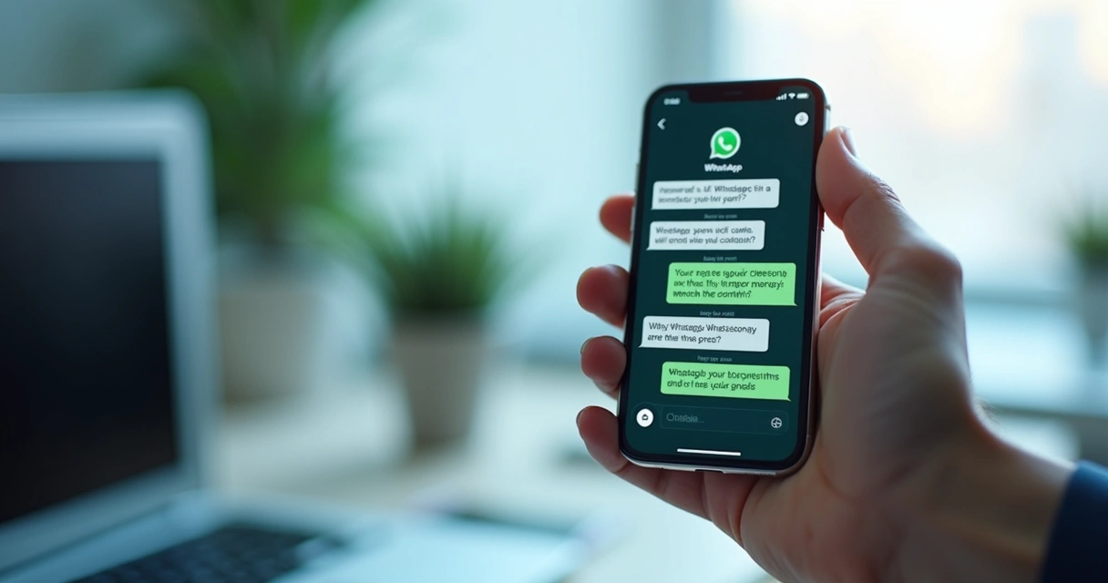 Smartphone showing WhatsApp chat with AI chatbot responding to customer messages 