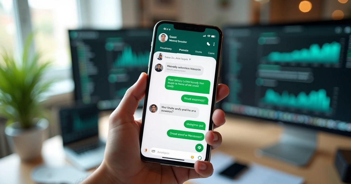 Smartphone showing WhatsApp chat with AI chatbot responding to customer messages 