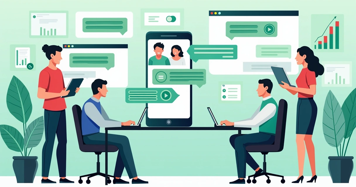 Ilustração de chatbot no WhatsApp respondendo mensagens em ambiente corporativo 
