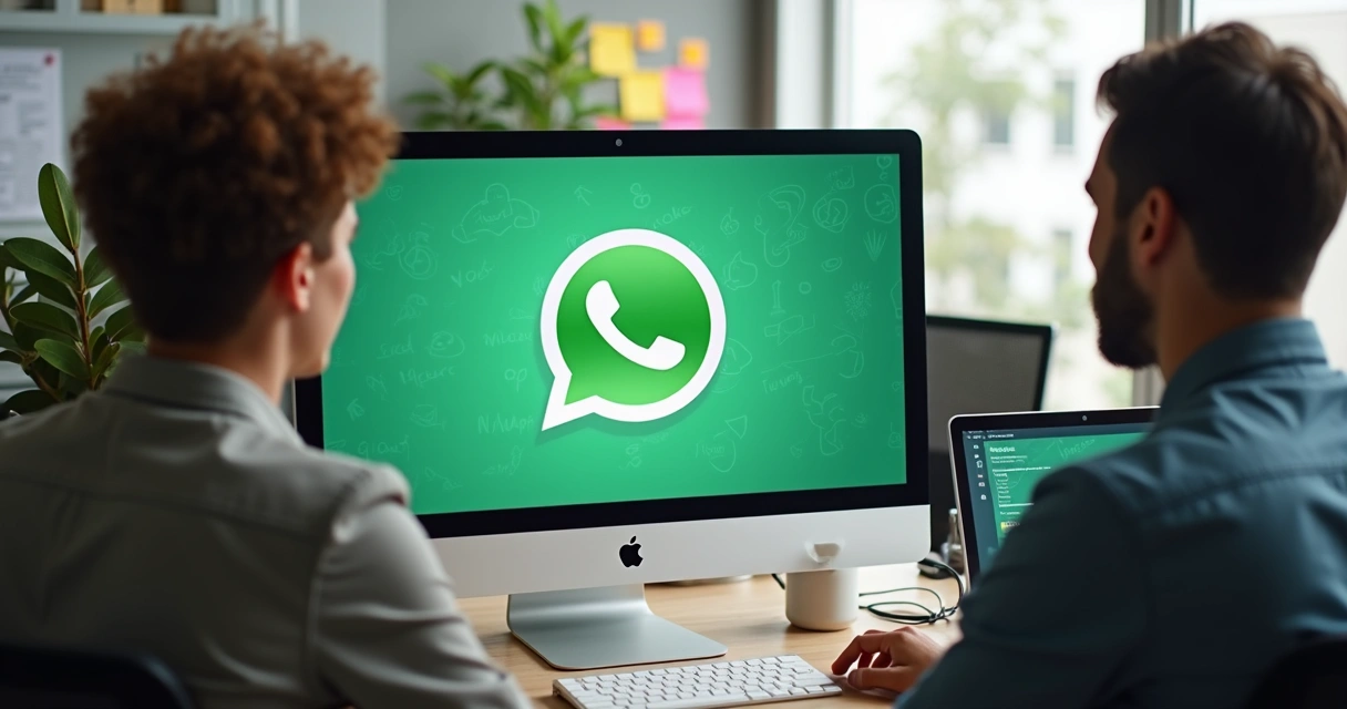 Equipe em escritório analisando chatbot do WhatsApp na tela do computador