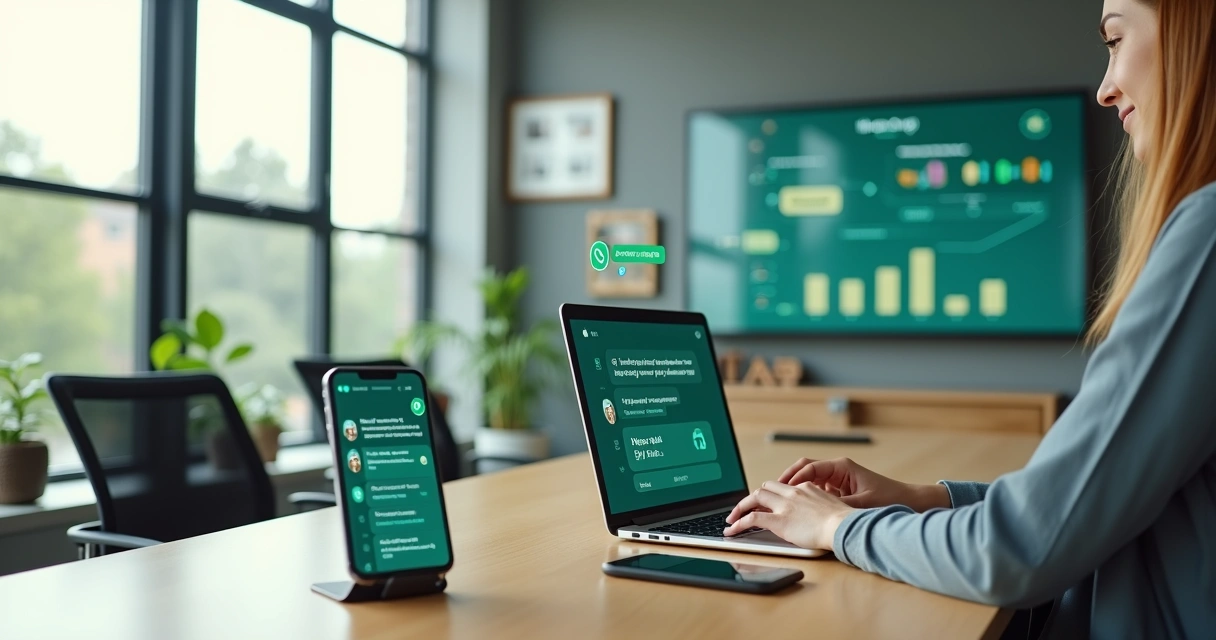 Corretor imobiliário usando notebook com chatbot de WhatsApp com IA atendendo cliente na tela 