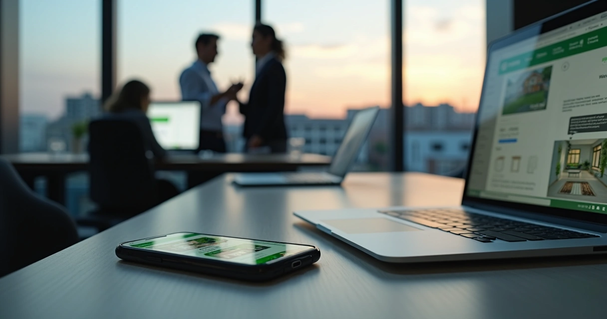 Tela de chatbot de WhatsApp atendendo cliente de imobiliária com corretor ao fundo 