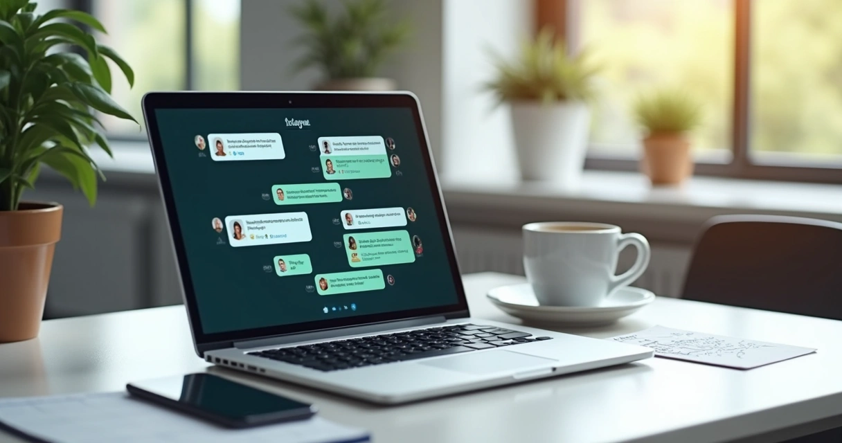 Computador aberto com interface de chatbot exibindo mensagens de atendimento no Instagram e WhatsApp em ambiente de escritório moderno 