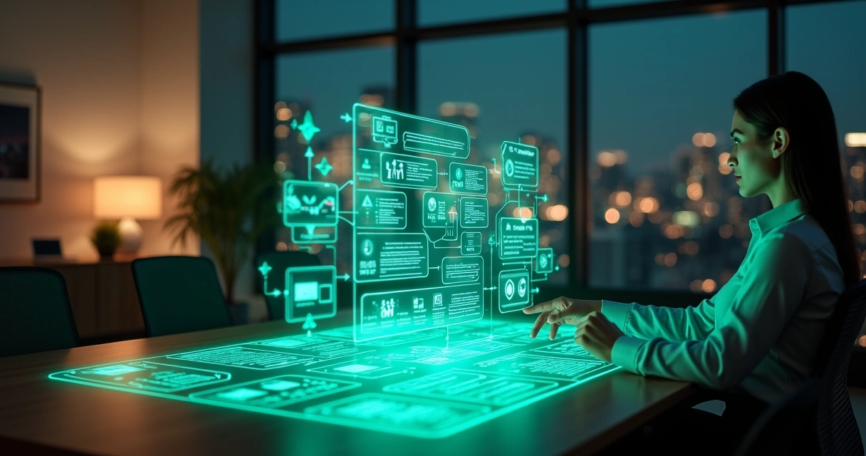 Profissional ajustando holograma de chatbot do WhatsApp em mesa digital no escritório 